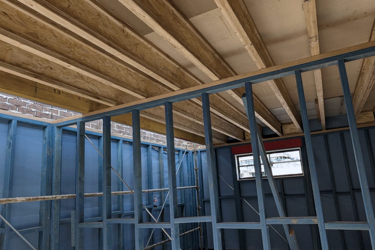 LVL beams and engineered timber floor joists over blue-stained wall framing during a Sydney home renovation